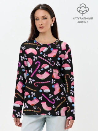 Лонгслив женский. Хлопок / Новогодняя ночь, акварельный узор