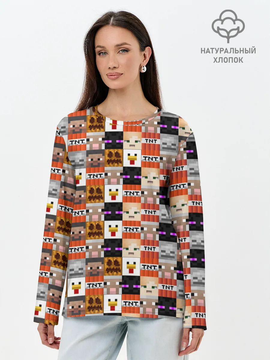 Лонгслив женский. Хлопок / MINECRAFT КУБИКИ ПЕРСОНАЖИ