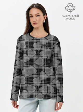 Лонгслив женский. Хлопок / Черно-серый клетчатый узор