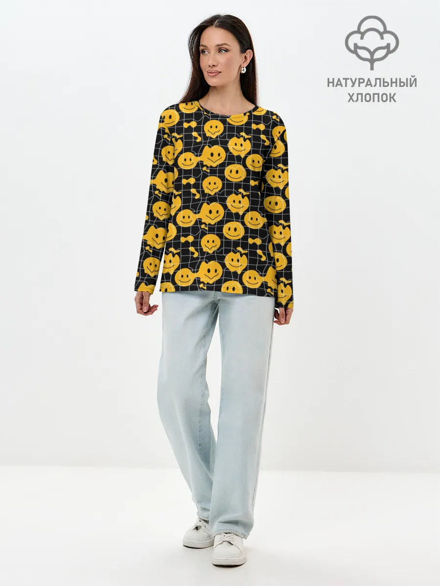 Лонгслив женский. Хлопок / Психоделические смайлы