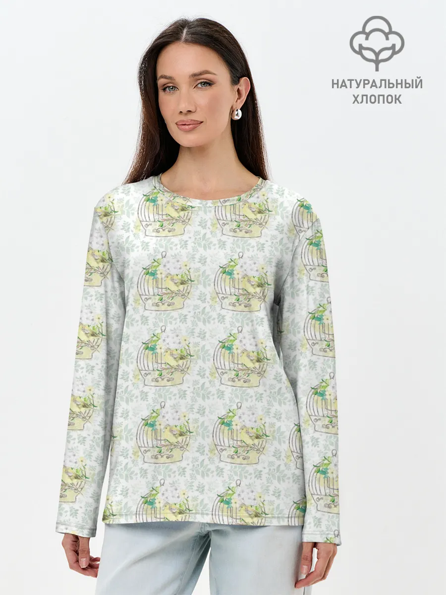 Лонгслив женский. Хлопок / Канарейки в клетках