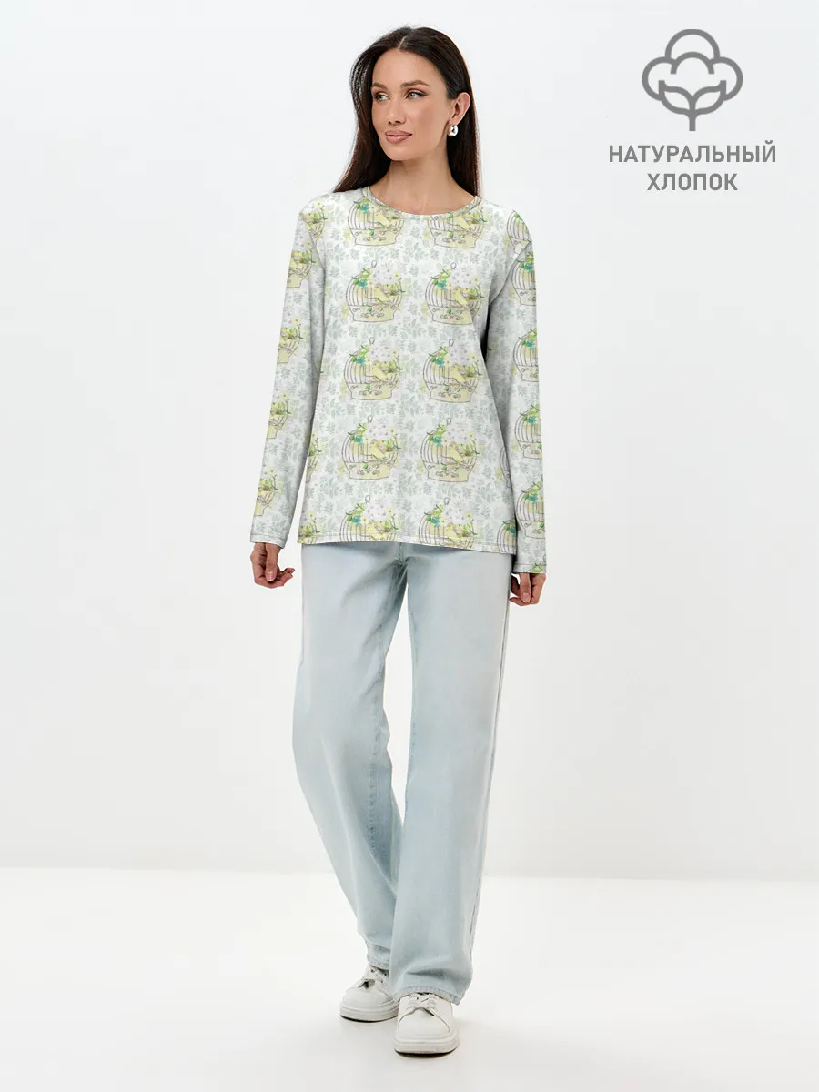 Лонгслив женский. Хлопок / Канарейки в клетках