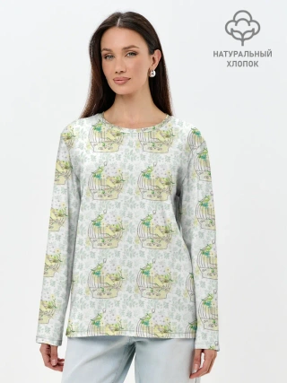 Лонгслив женский. Хлопок / Канарейки в клетках