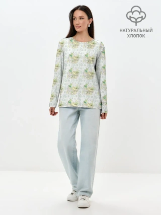 Лонгслив женский. Хлопок / Канарейки в клетках