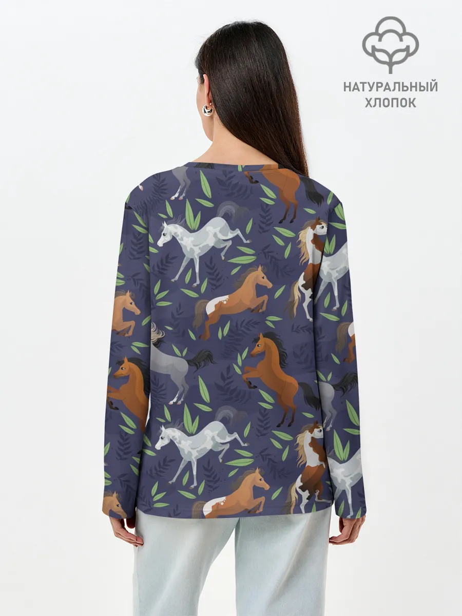 Лонгслив женский. Хлопок / Лошадки узор