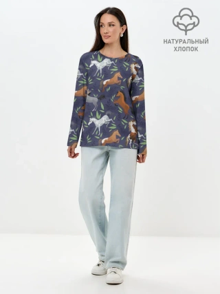 Лонгслив женский. Хлопок / Лошадки узор