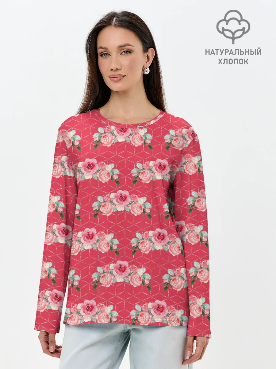 Лонгслив женский. Хлопок / Красные розы паттерн