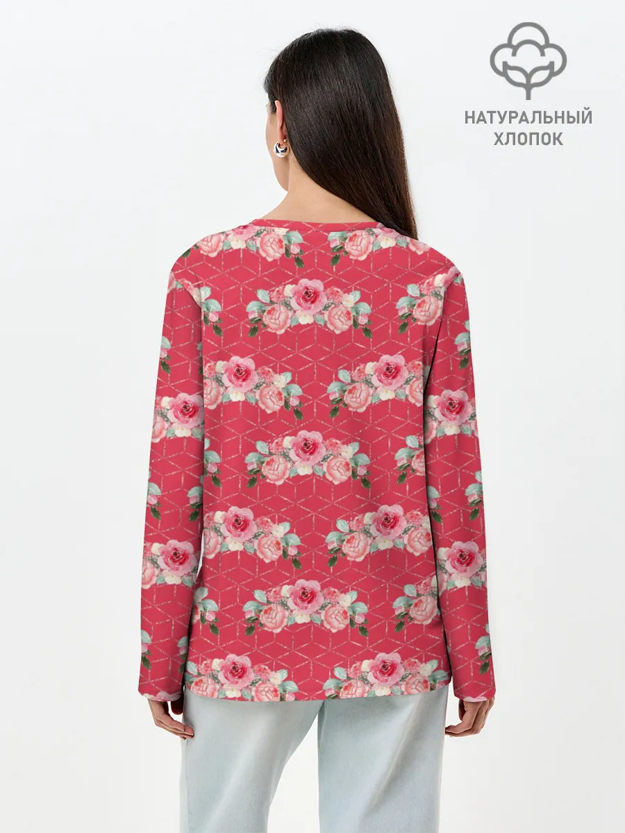 Лонгслив женский. Хлопок / Красные розы паттерн