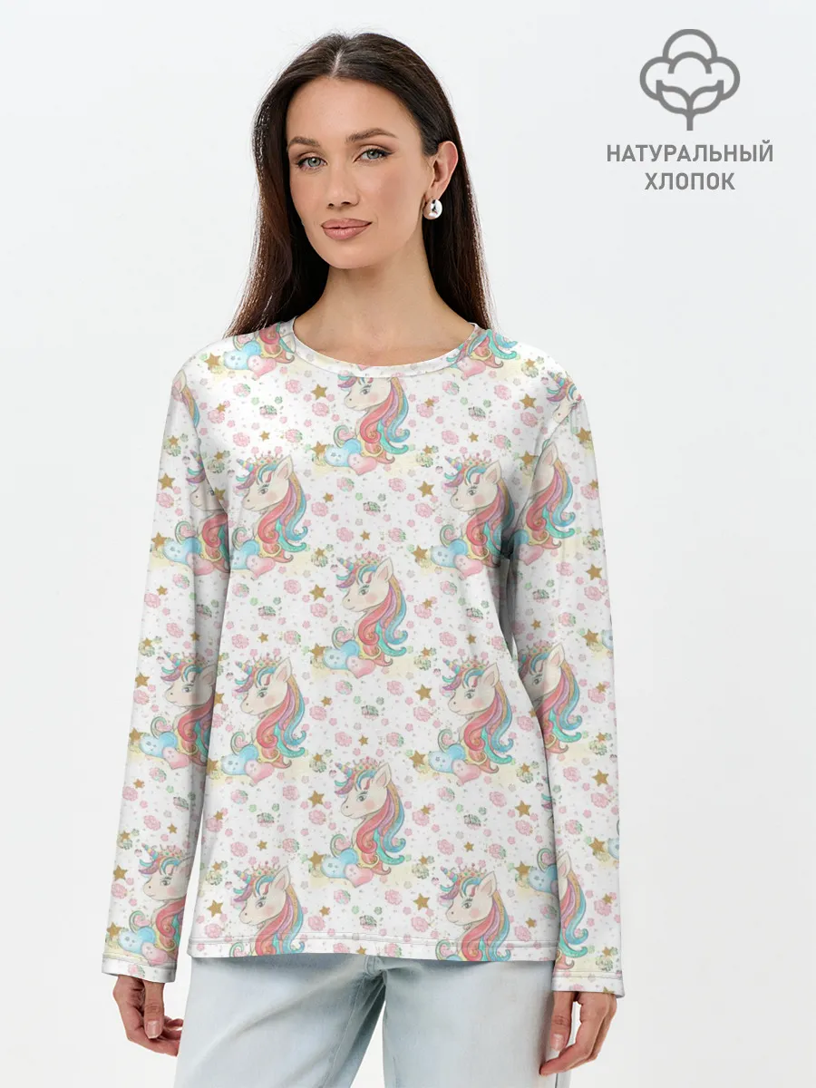 Лонгслив женский. Хлопок / Единороги паттерном