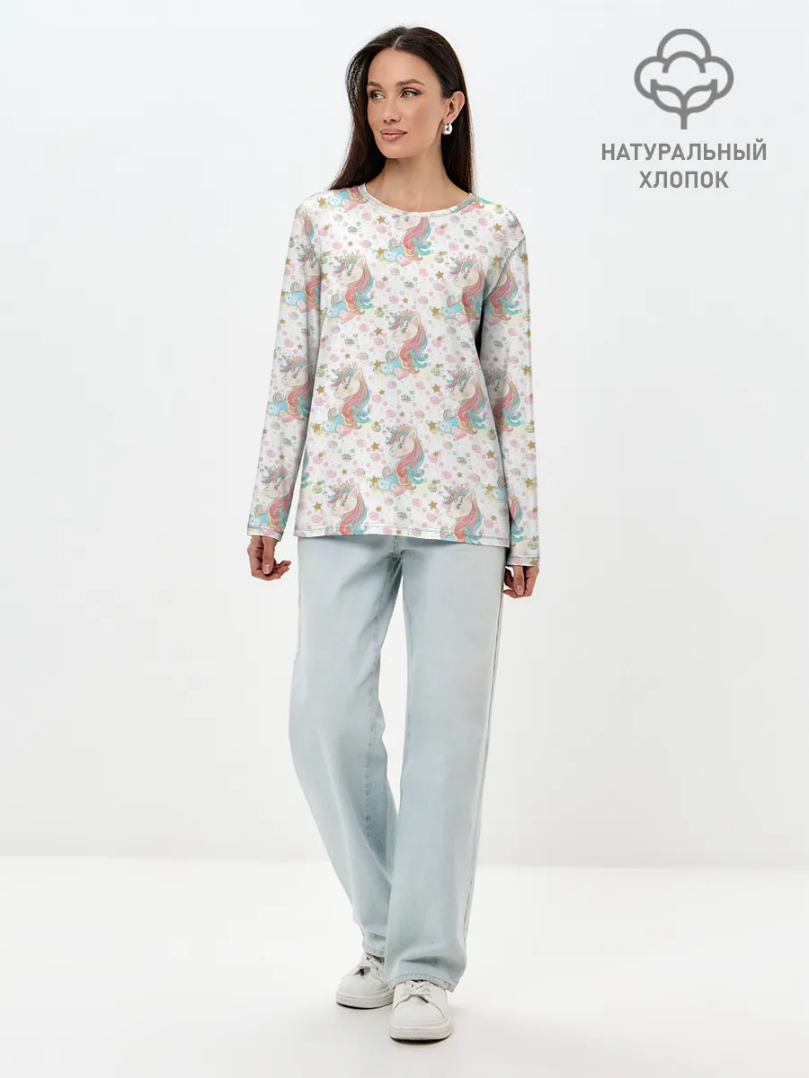 Лонгслив женский. Хлопок / Единороги паттерном