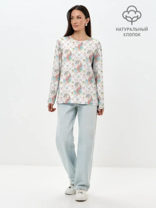 Лонгслив женский. Хлопок / Единороги паттерном