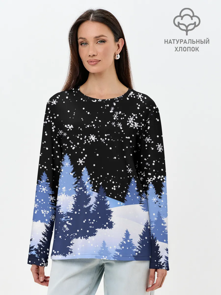Лонгслив женский. Хлопок / Снежная ночь в зимнем лесу