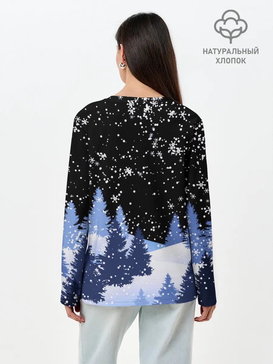 Лонгслив женский. Хлопок / Снежная ночь в зимнем лесу