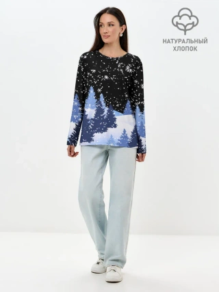 Лонгслив женский. Хлопок / Снежная ночь в зимнем лесу