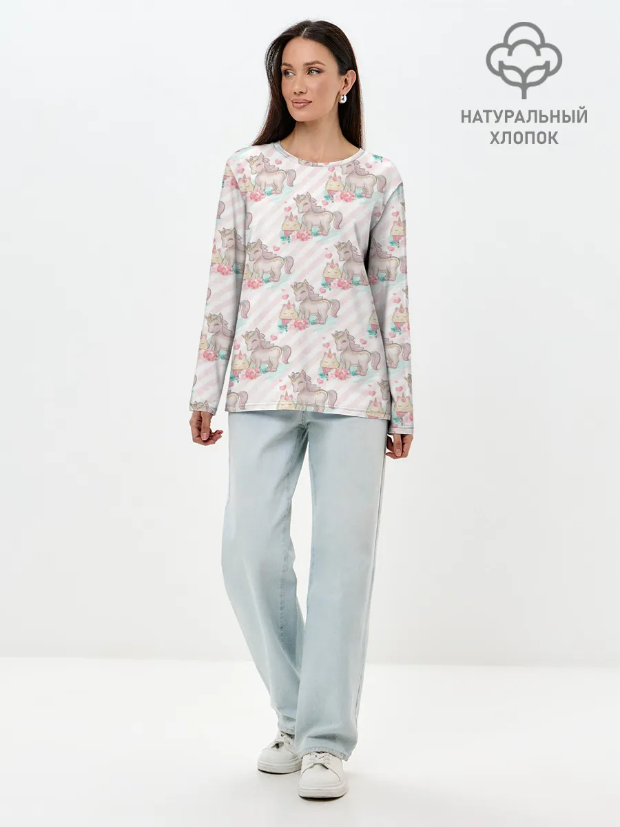 Лонгслив женский. Хлопок / Единороги паттер