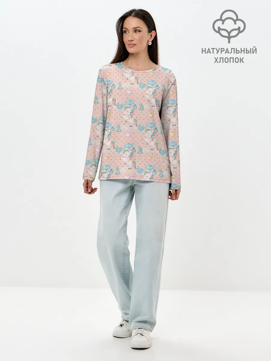 Лонгслив женский. Хлопок / Единороги из паттерна