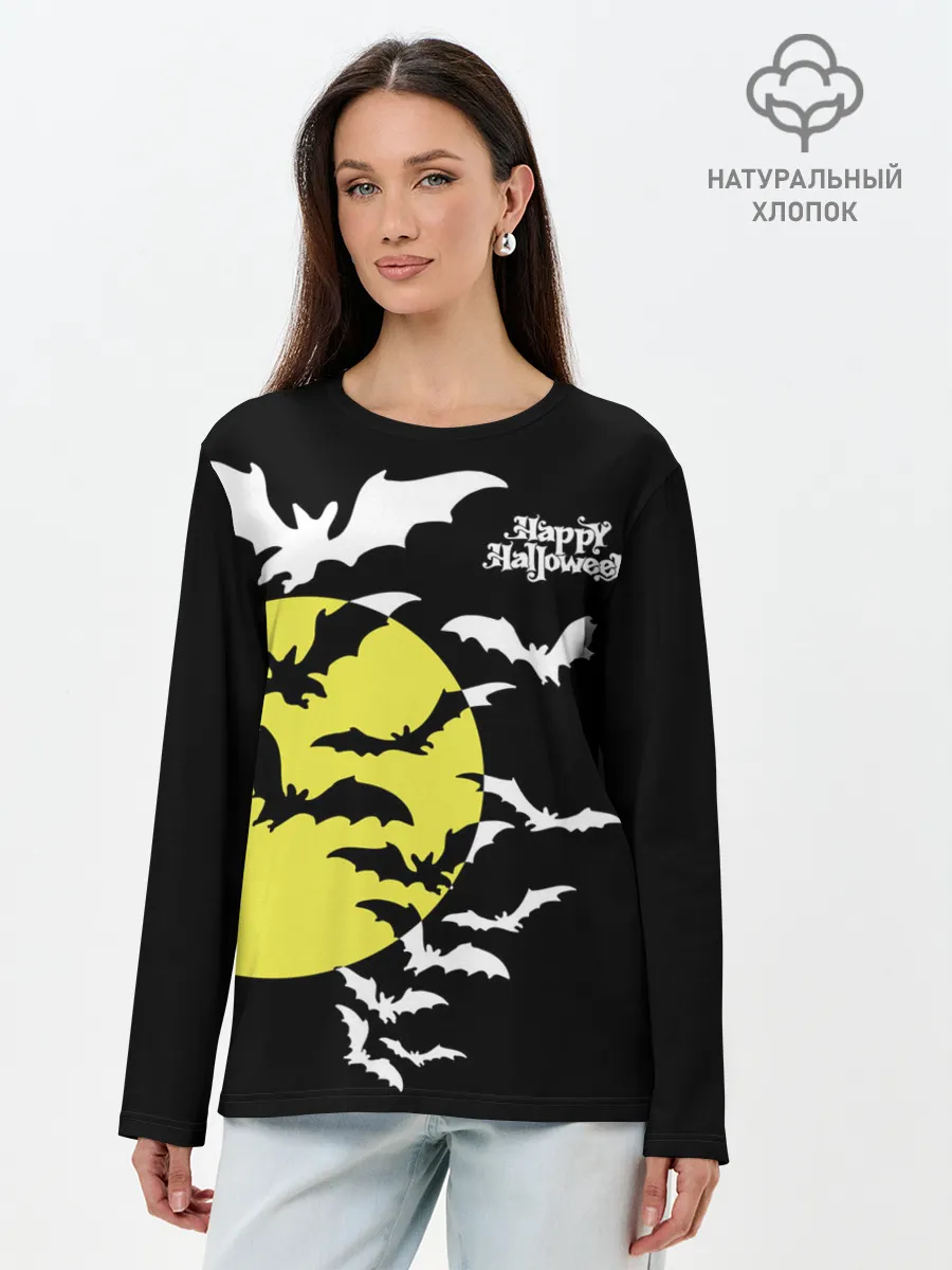 Лонгслив женский. Хлопок / Летучие мыши на Хэллоуин