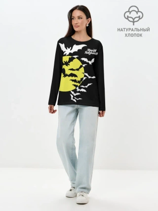 Лонгслив женский. Хлопок / Летучие мыши на Хэллоуин