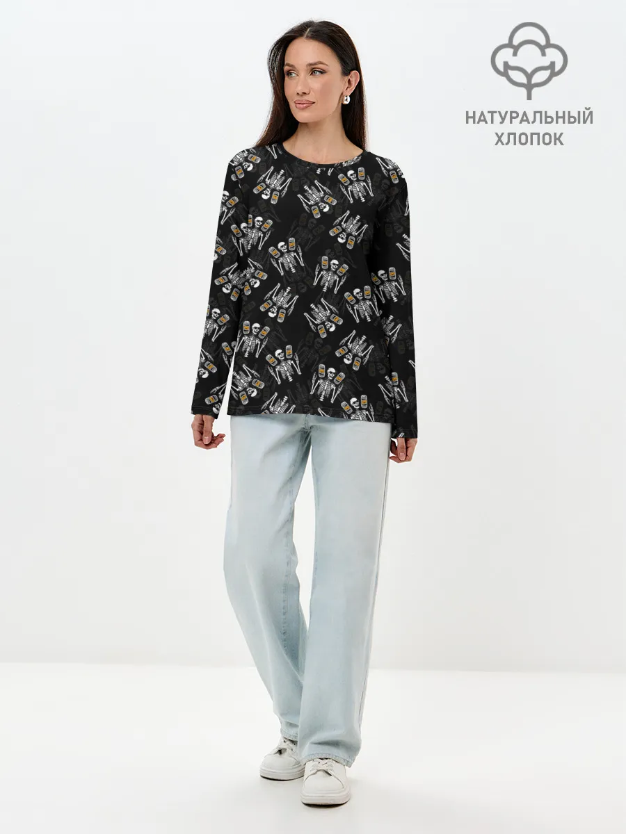 Лонгслив женский. Хлопок / ПАТТЕРН СКЕЛЕТ / HALLOWEEN PARTY