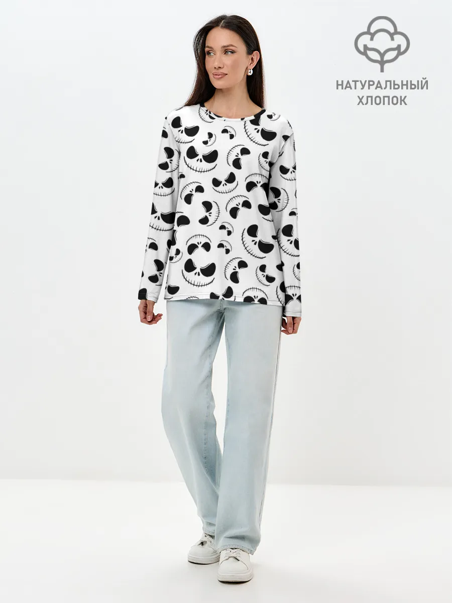 Лонгслив женский. Хлопок / Джек Скеллингтон паттерн лицо