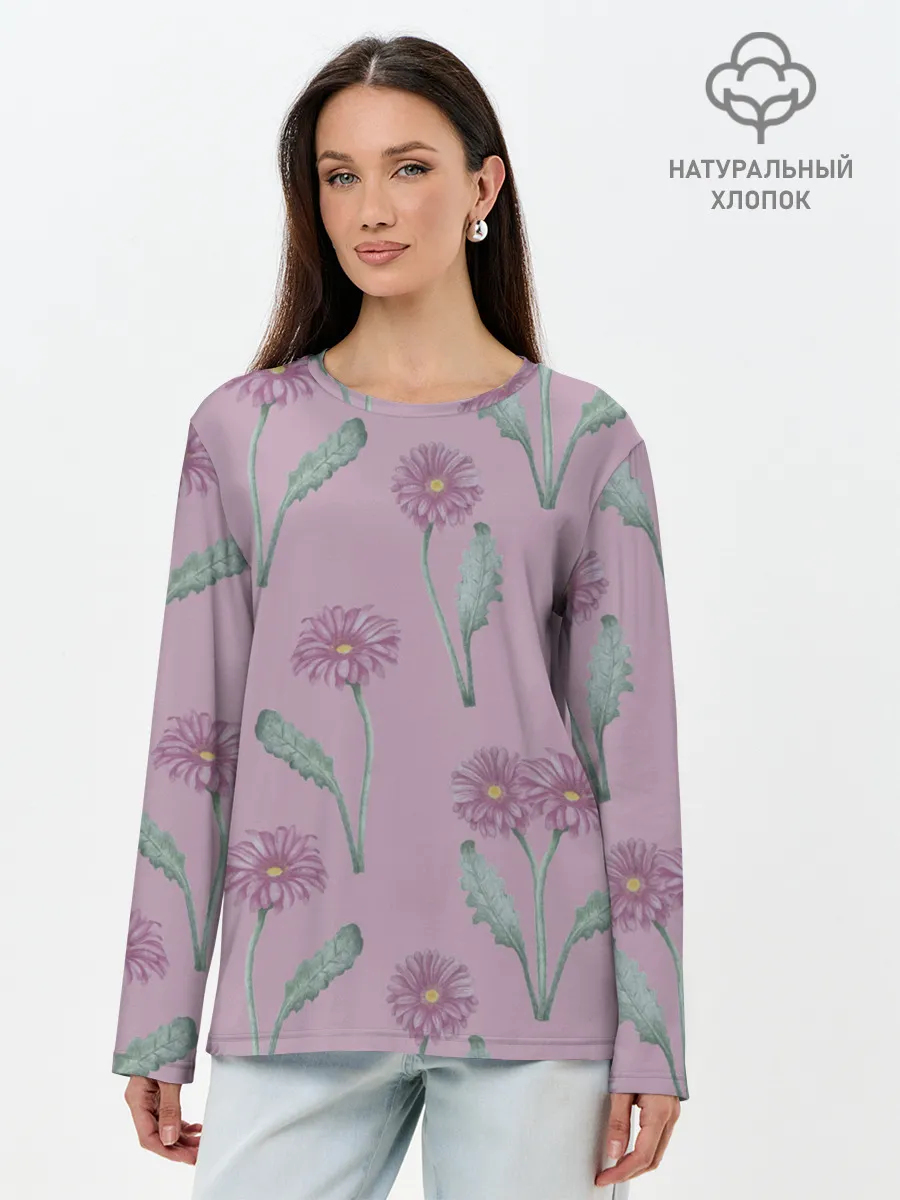 Лонгслив женский. Хлопок / Розовые герберы на розовом фоне