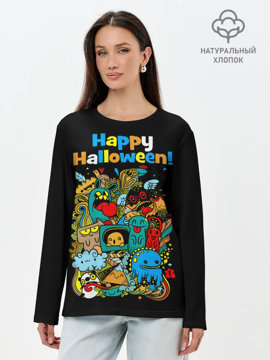Лонгслив женский. Хлопок / Монстры празднуют Хеллоуин