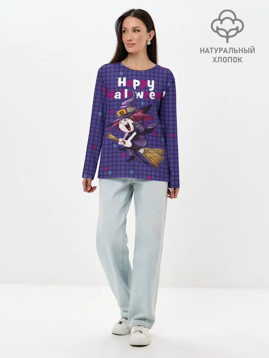 Лонгслив женский. Хлопок / Ведьма летит на метле