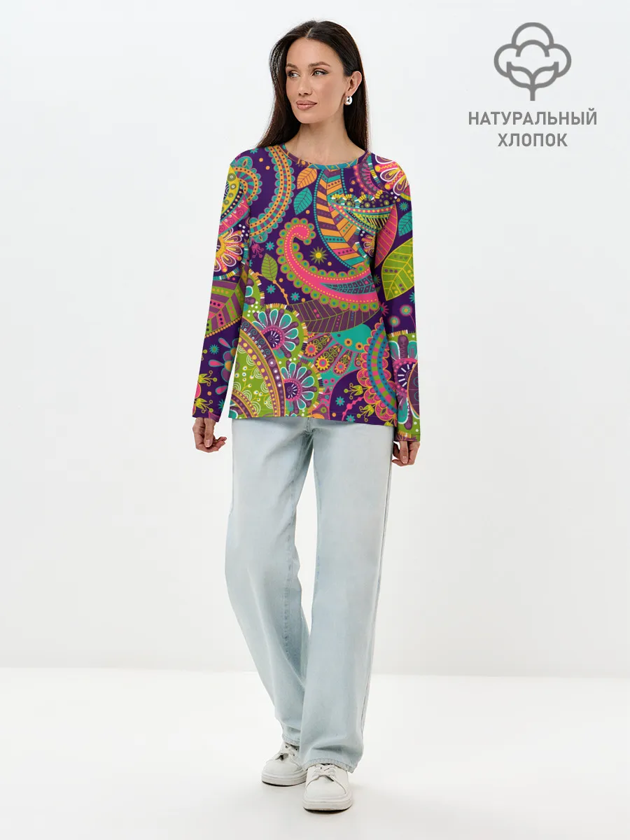 Лонгслив женский. Хлопок / Яркий красочный узор