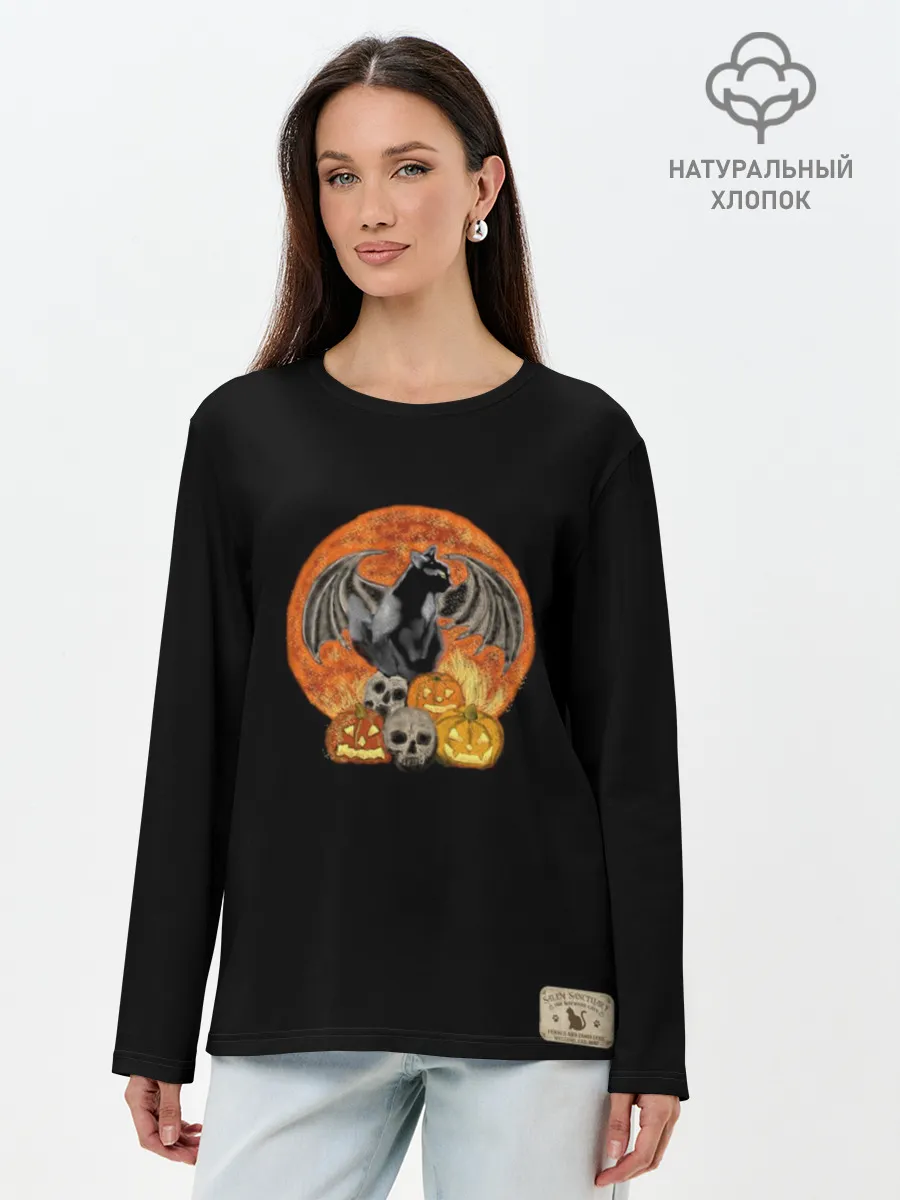 Лонгслив женский. Хлопок / Хэллоуинская кошка