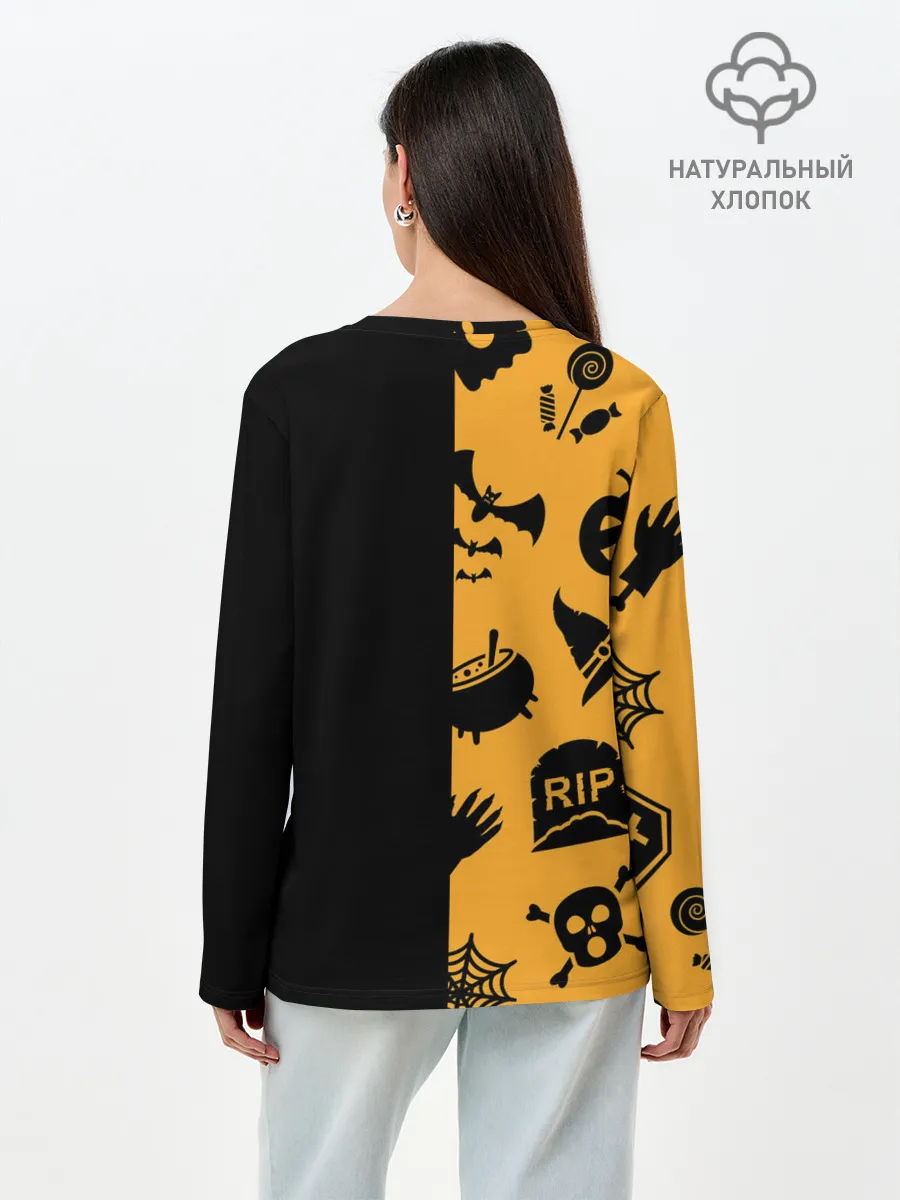 Лонгслив женский. Хлопок / ЧЕРНО-ОРАНЖЕВЫЙ ХЭЛЛОУИН