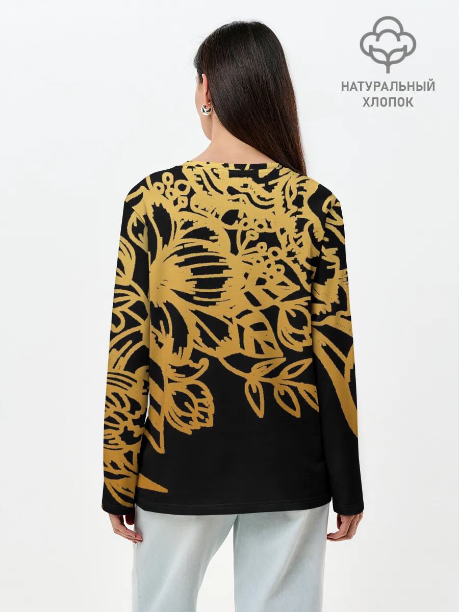 Лонгслив женский. Хлопок / Золотые цветы на белом