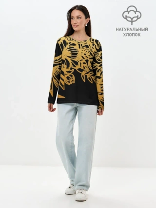 Лонгслив женский. Хлопок / Золотые цветы на белом