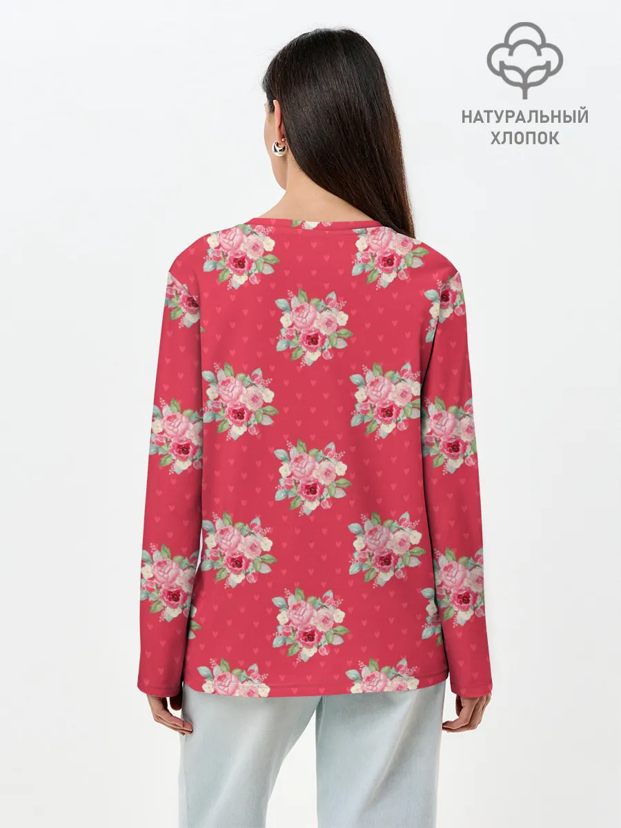 Лонгслив женский. Хлопок / Красные цветы розы