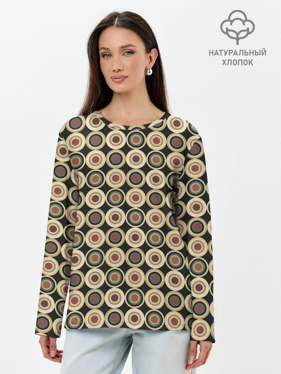 Лонгслив женский. Хлопок / Абстракция из бежевых и зеленых кругов