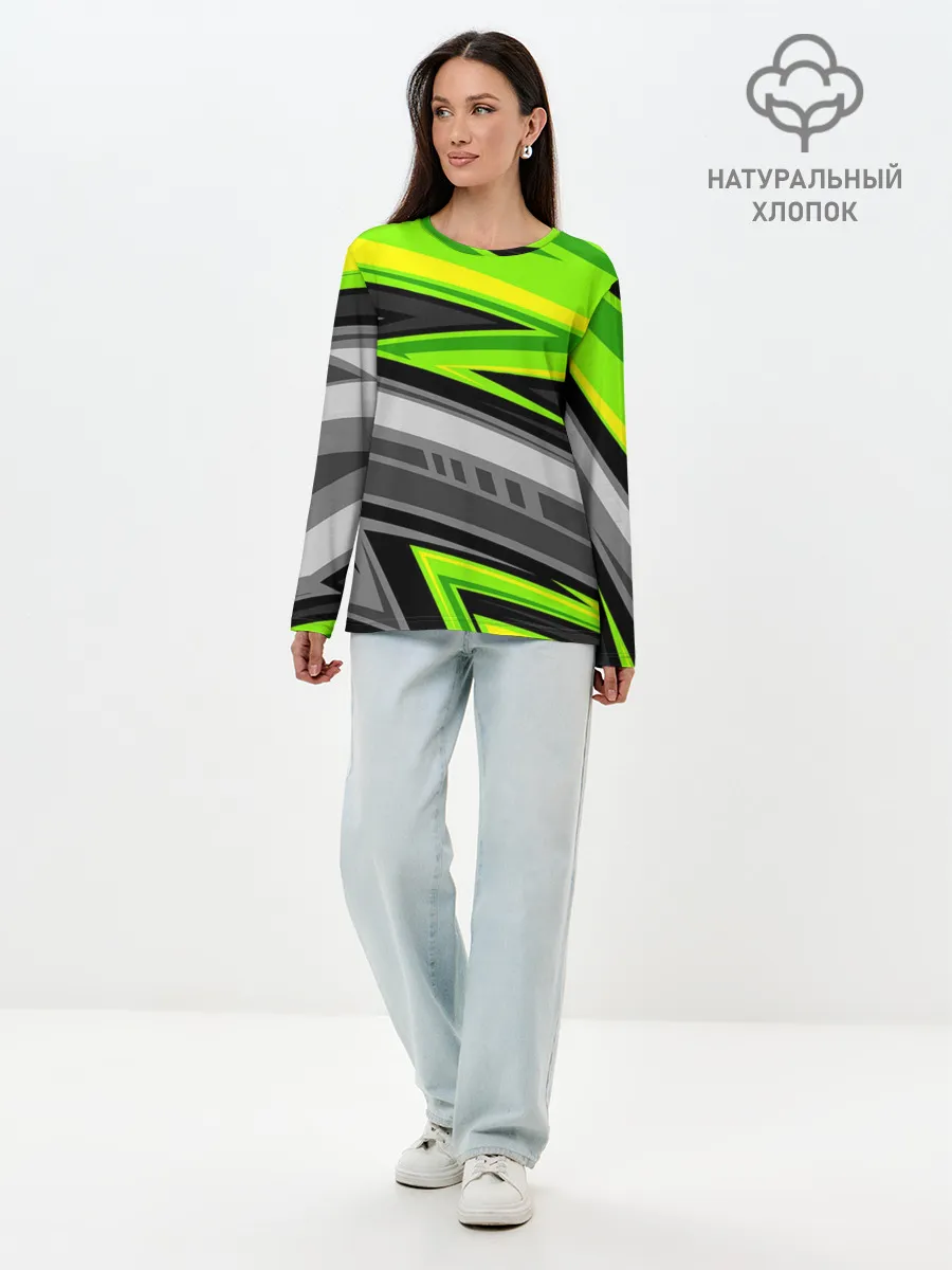 Лонгслив женский. Хлопок / Зеленые линии