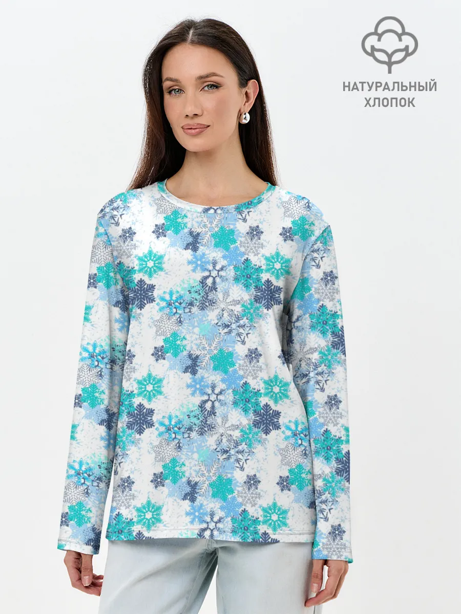 Лонгслив женский. Хлопок / Зимние Снежные Узоры