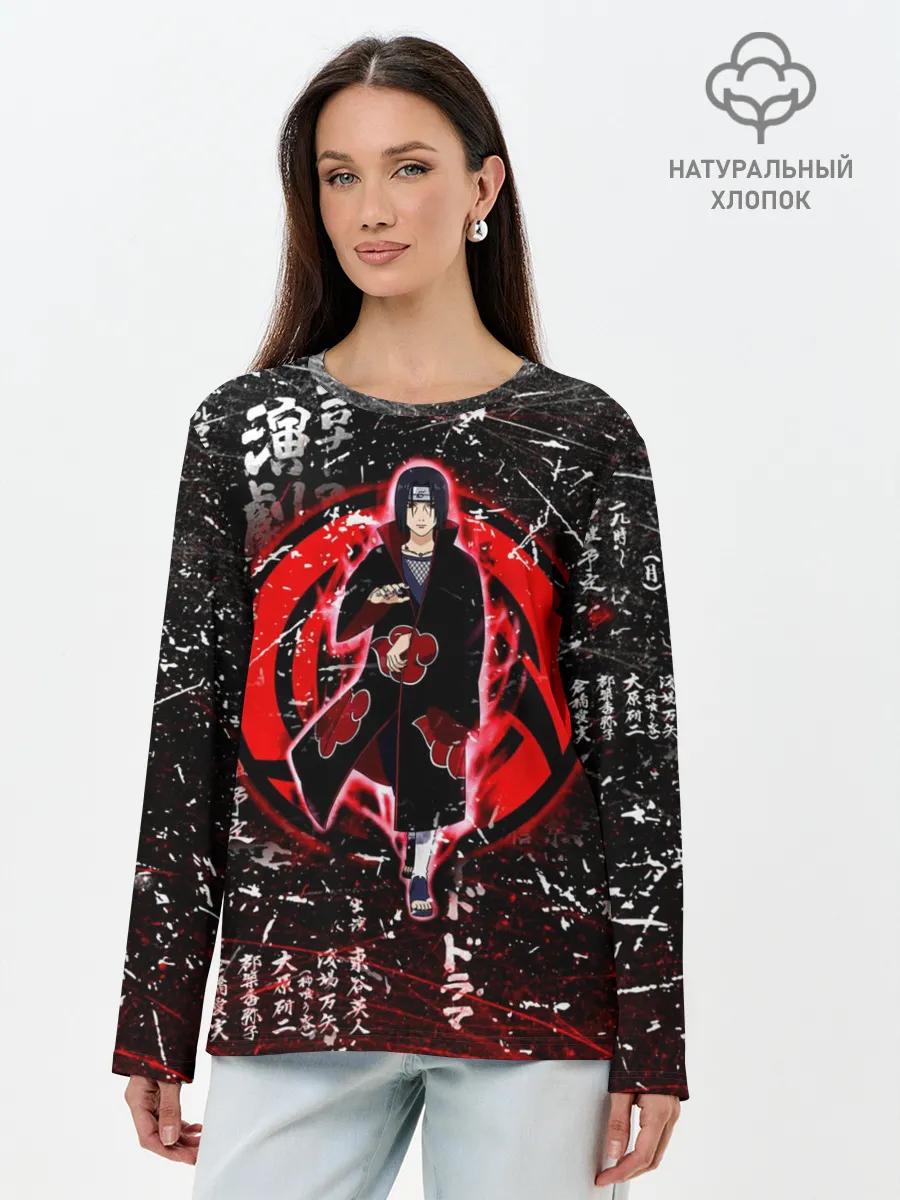 Лонгслив женский. Хлопок / ИТАЧИ УЧИХА ИЕРОГЛИФЫ гранж