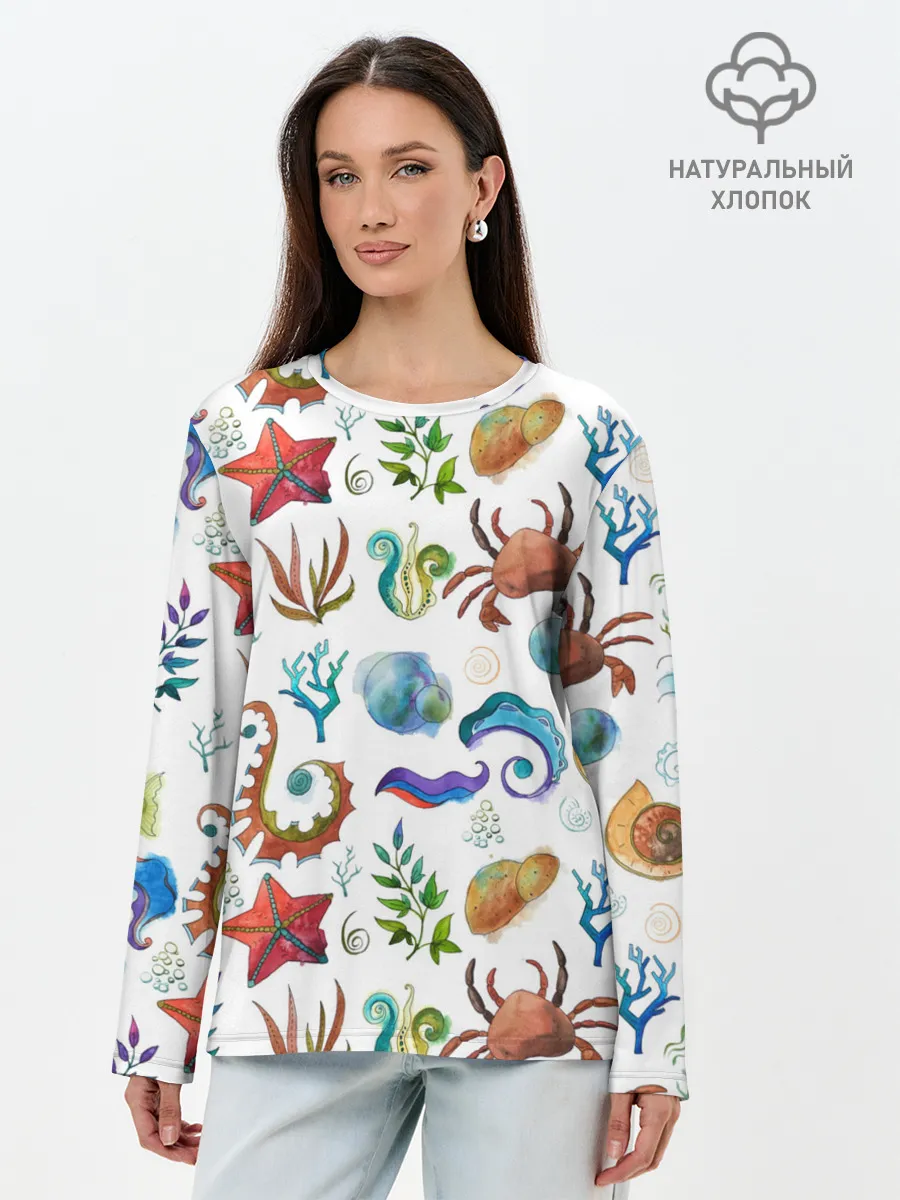 Лонгслив женский. Хлопок / Морской паттерн с крабами и водорослями