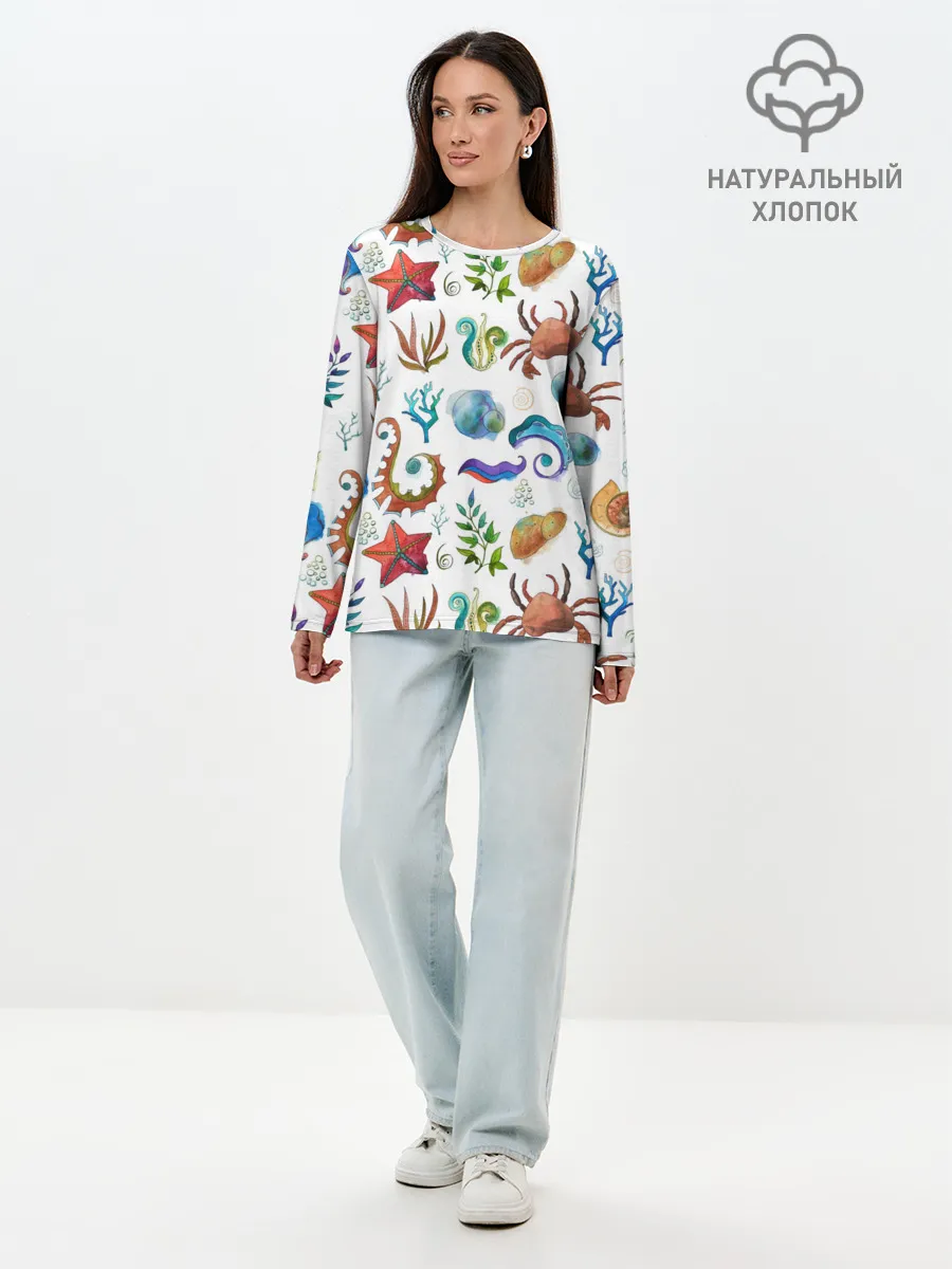 Лонгслив женский. Хлопок / Морской паттерн с крабами и водорослями