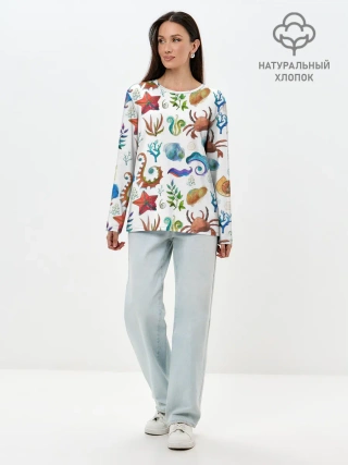 Лонгслив женский. Хлопок / Морской паттерн с крабами и водорослями