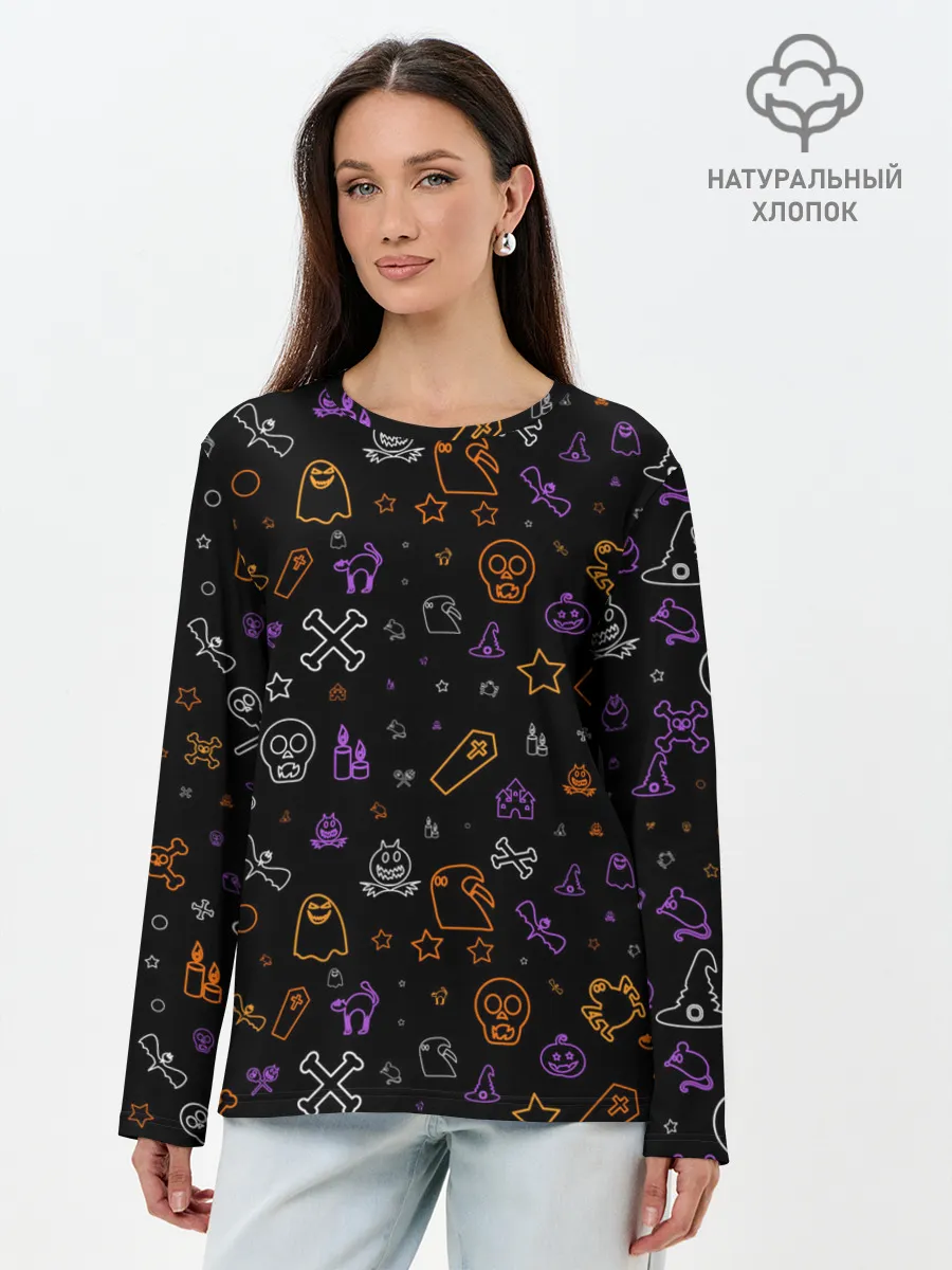 Лонгслив женский. Хлопок / ХЕЛЛОУИН ПАТТЕРН НЕОН / HALLOWEEN NEON