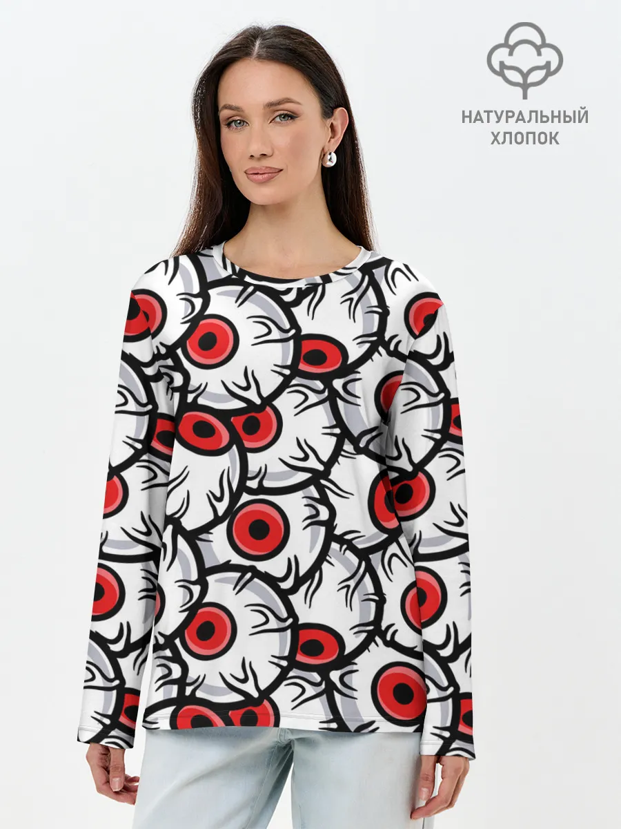 Лонгслив женский. Хлопок / HALLOWEEN EYES / ХЕЛЛОУИН ГЛАЗА
