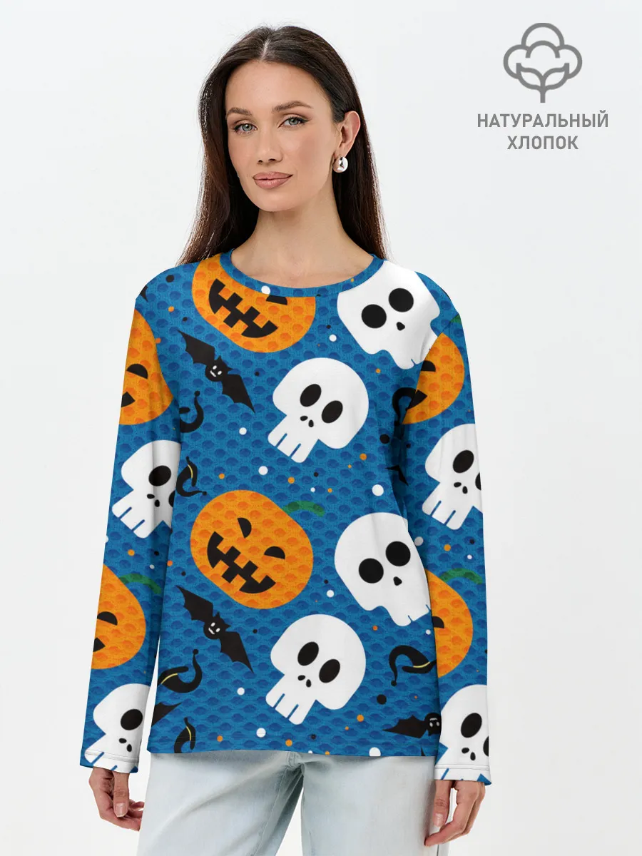 Лонгслив женский. Хлопок / ЧЕРЕПА И ТЫКВЫ | HALLOWEEN