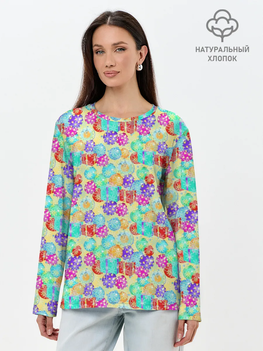 Лонгслив женский. Хлопок / Новогодние Игрушки и Подарки