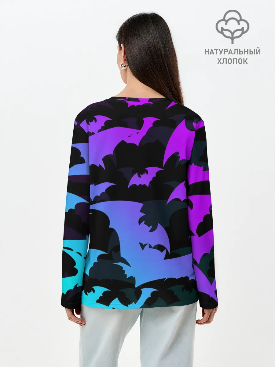 Лонгслив женский. Хлопок / ЛЕТУЧИЕ МЫШИ ХЕЛЛОУИН НЕОН / HALLOWEEN NEON