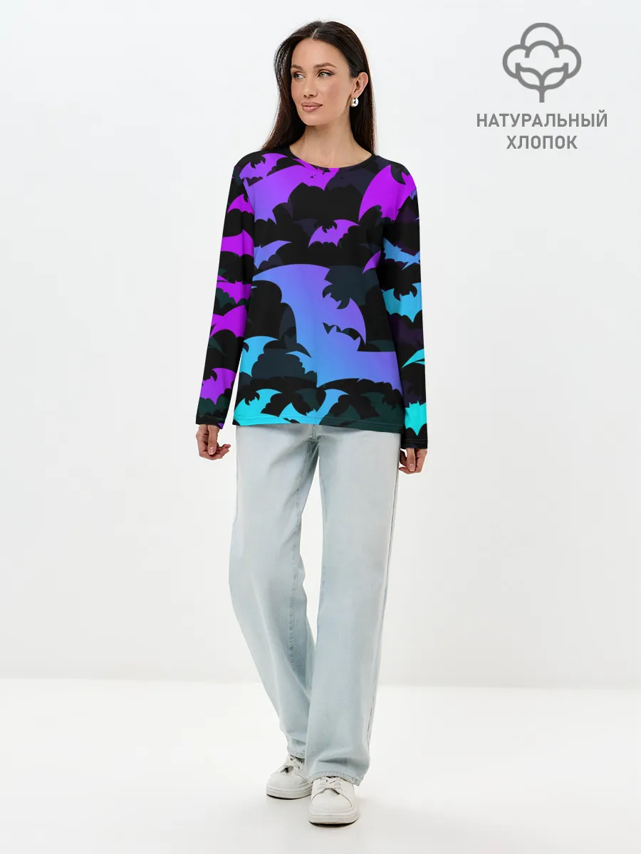 Лонгслив женский. Хлопок / ЛЕТУЧИЕ МЫШИ ХЕЛЛОУИН НЕОН / HALLOWEEN NEON