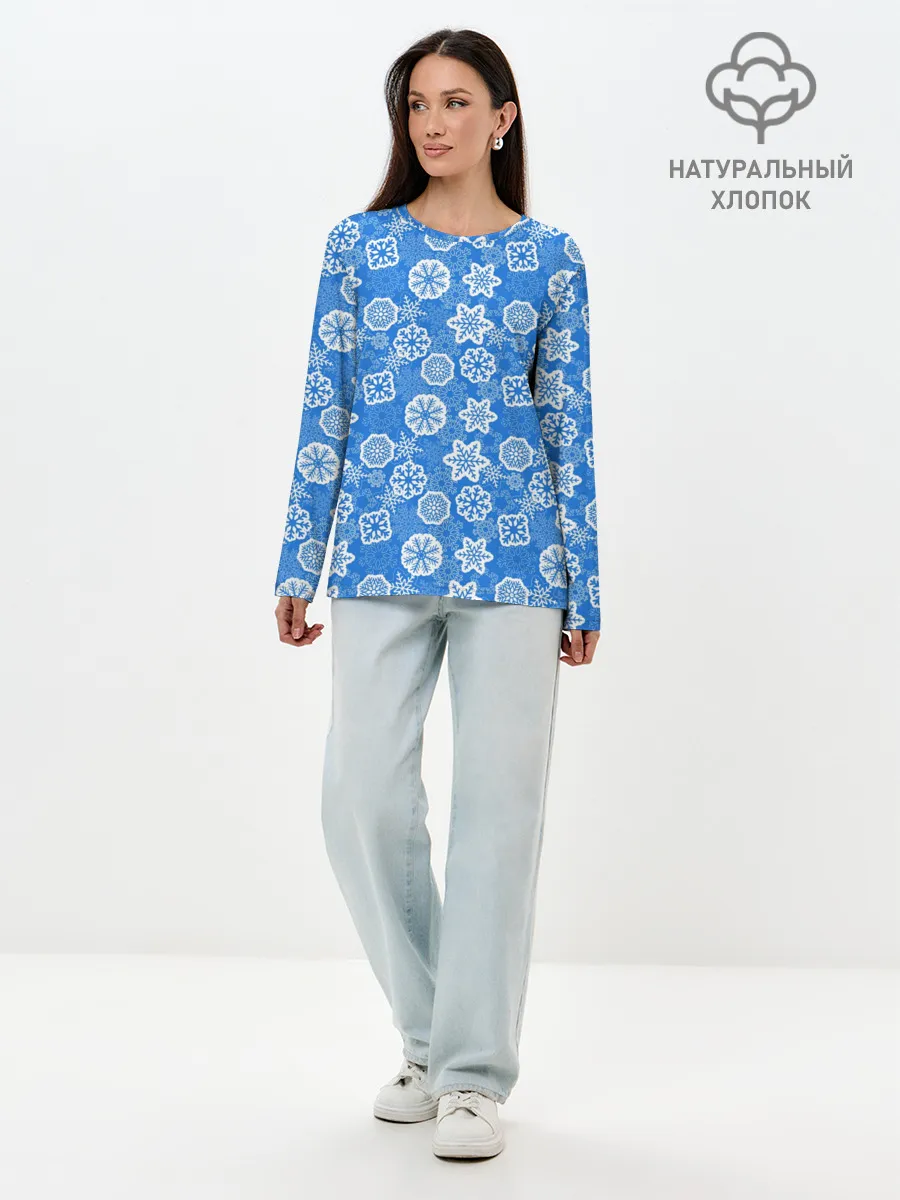 Лонгслив женский. Хлопок / Снежные Новогодние Узоры