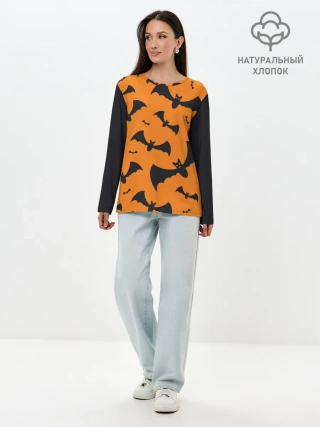 Лонгслив женский. Хлопок / ЛЕТУЧАЯ МЫШЬ В ДЕНЬ ХЭЛЛОУИНА