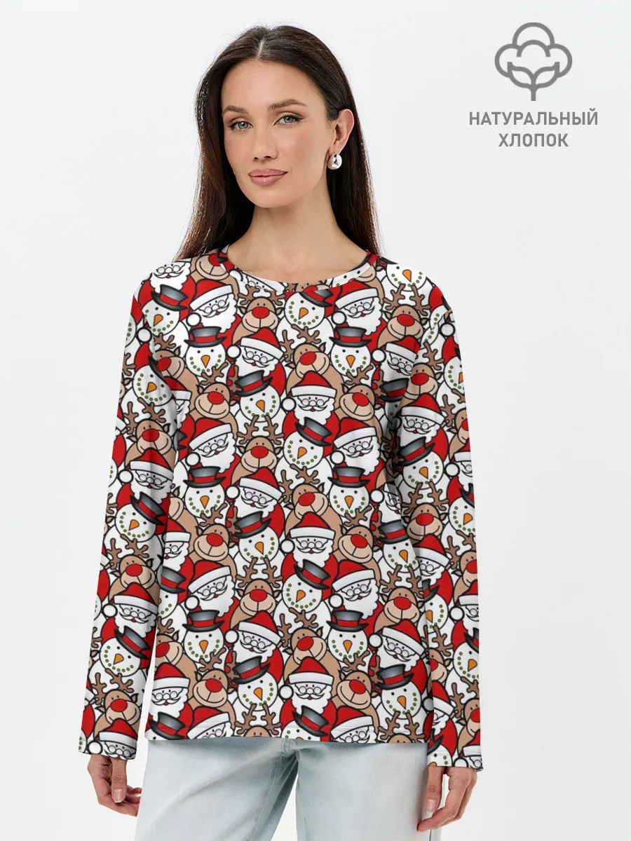 Лонгслив женский. Хлопок / Дед Мороз, Снеговик, Олень