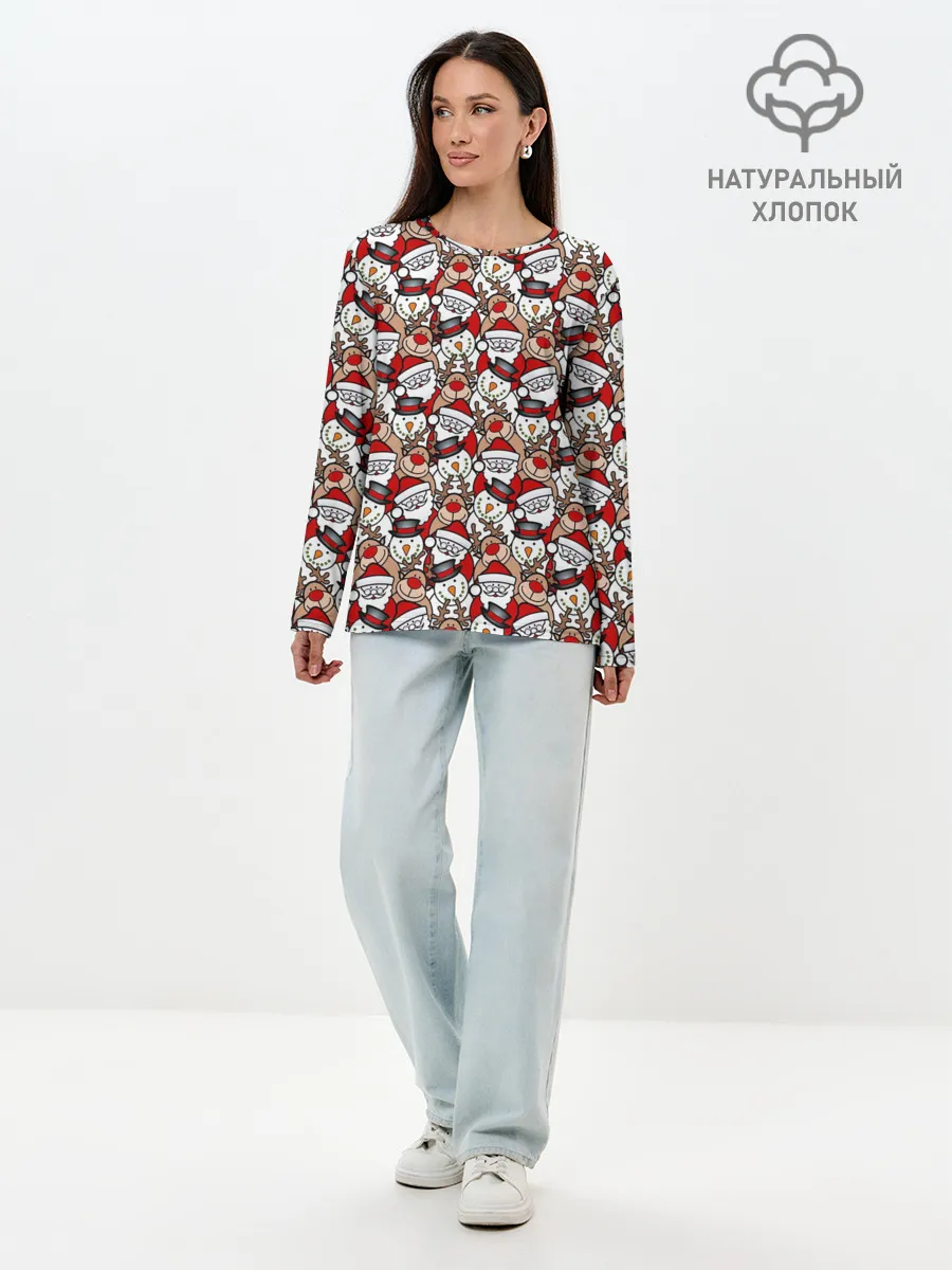 Лонгслив женский. Хлопок / Дед Мороз, Снеговик, Олень